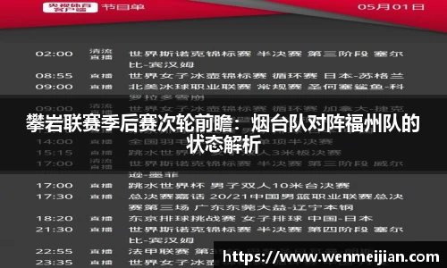 攀岩联赛季后赛次轮前瞻：烟台队对阵福州队的状态解析